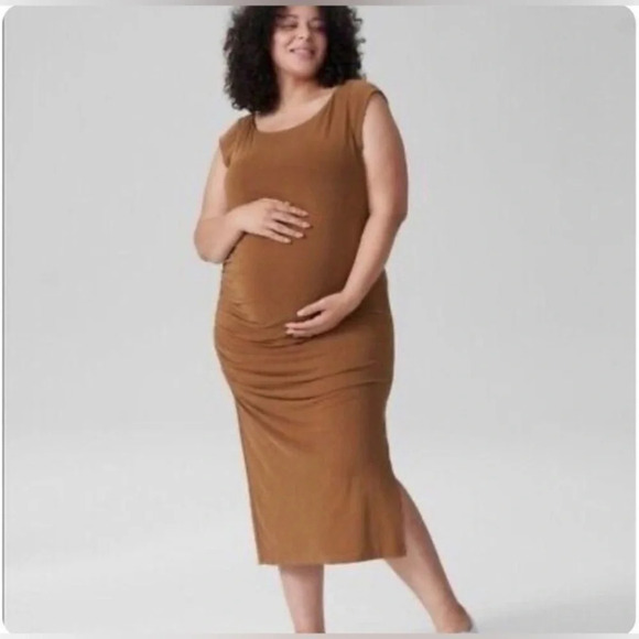 Universal Standard Rachel Ruched Midi Dress Caramel Brown Sleeveless Size 14/16 - Picture 1 of 13